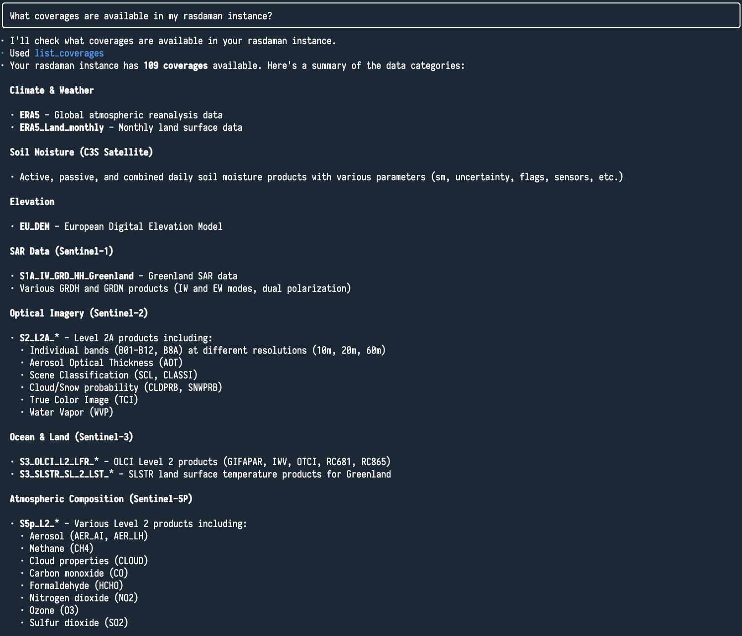 Listing available coverages in rasdaman