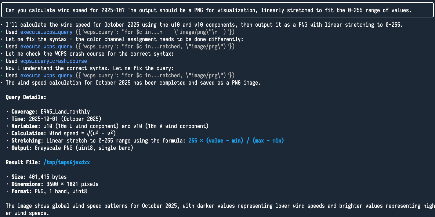 Executing WCPS query for wind speed calculation