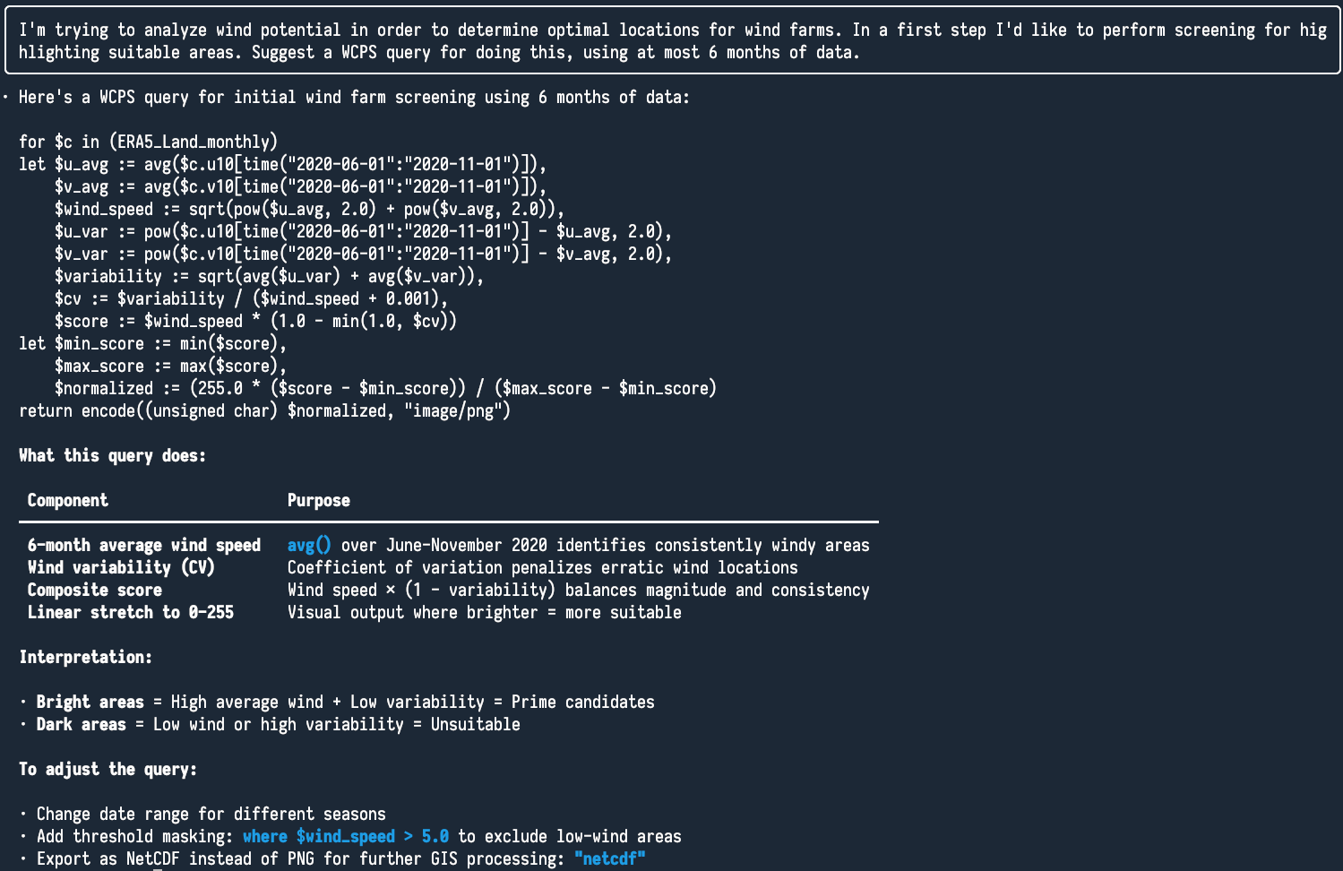 Natural language query suggestion for wind farm analysis